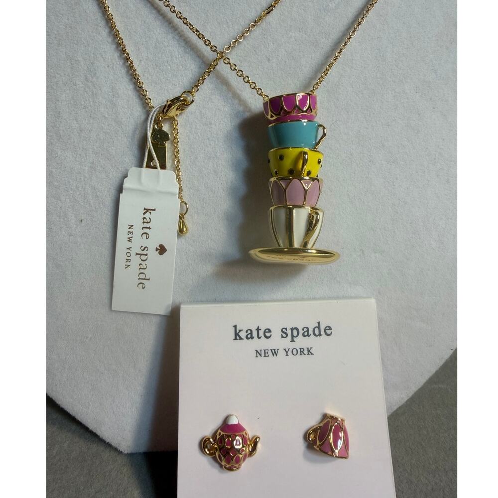 Kate Spade Tea Time Pink Gold Teacup Earrings Necklace Set Alice NoveltyJewelry